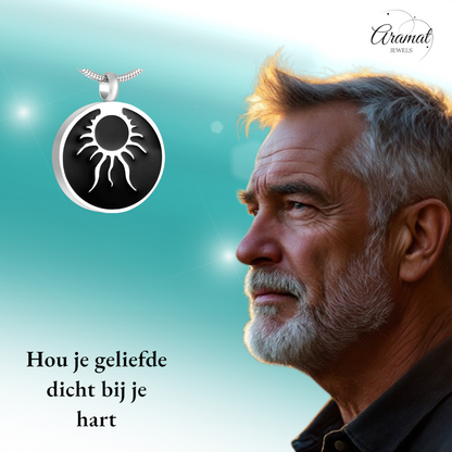 Pendentif rond en frêne, motif tribal – acier et émail