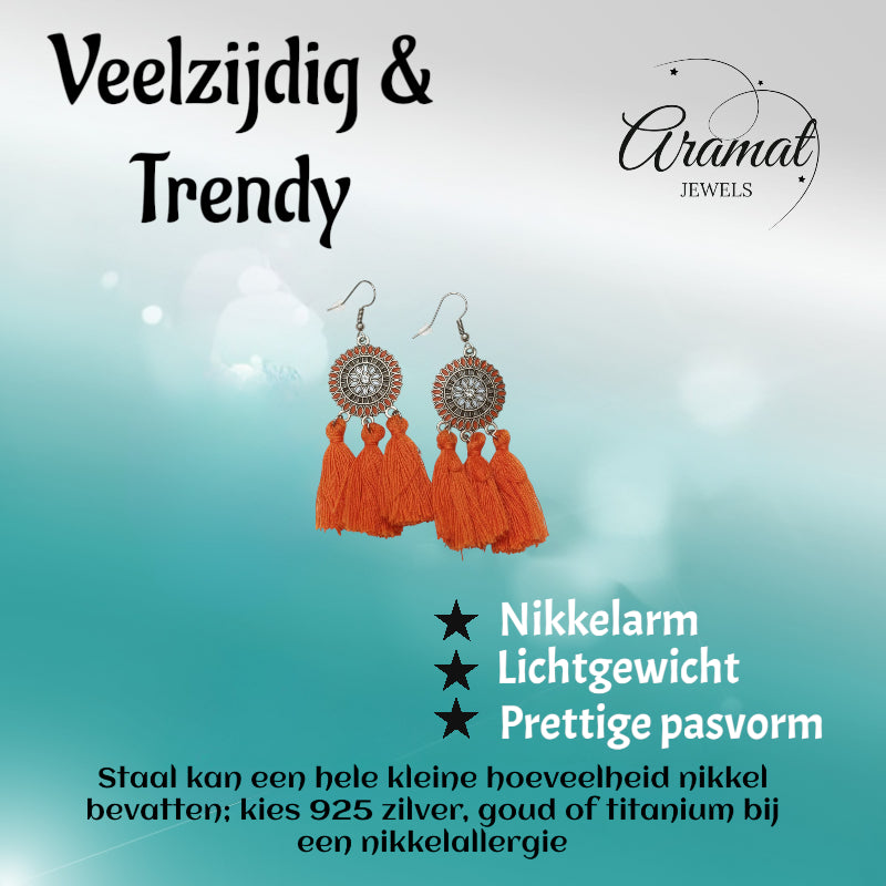 Zomerse Boho Oorhangers Kwastjes Oranje 75mm