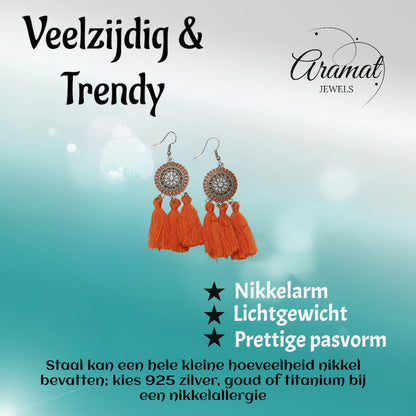 Zomerse Boho Oorhangers Kwastjes Oranje 75mm