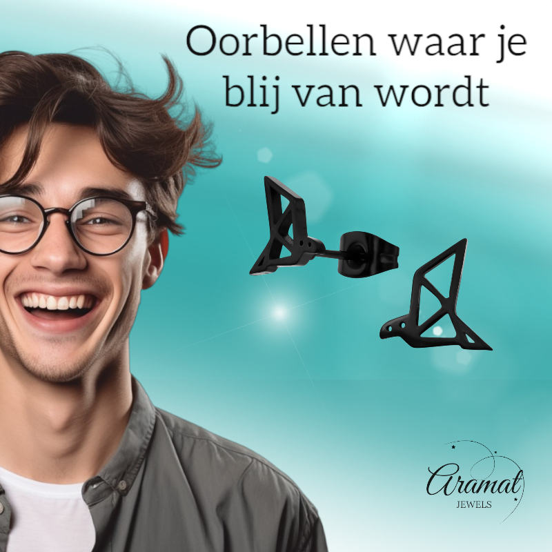 Boucles d'oreilles origami oiseau noir 9 mm en acier inoxydable