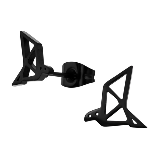 Boucles d'oreilles origami oiseau noir 9 mm en acier inoxydable