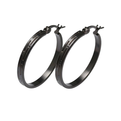 Zwarte RVS Oorringen met Grieks Motief - 25 mm