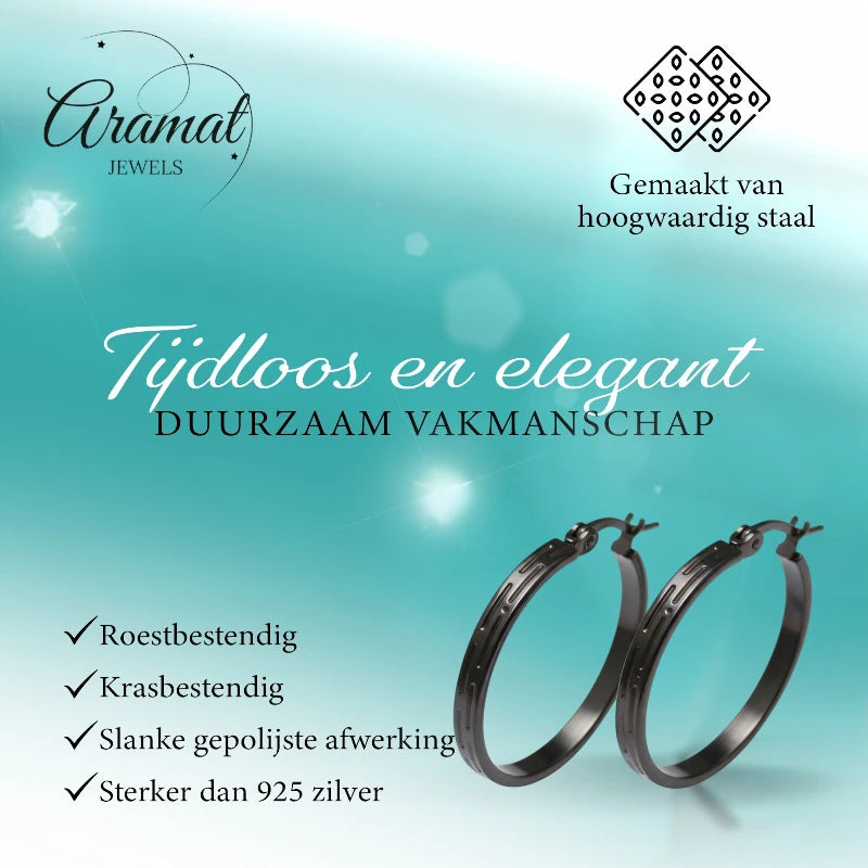 Zwarte RVS Oorringen met Streepjes Motief - 30 mm