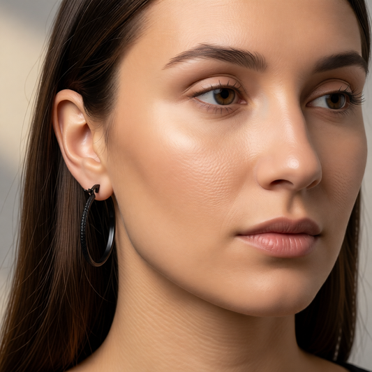 Zwarte RVS Oorringen met Puntjes Motief 25mm