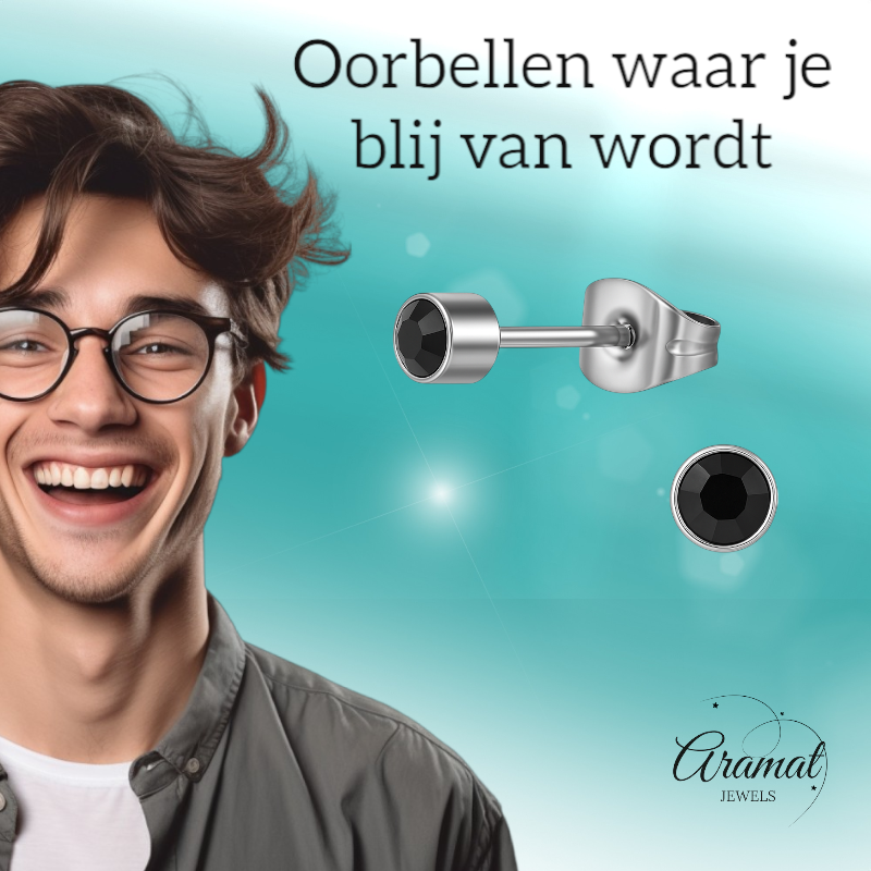 Boucles d'oreilles puces en cristal noir – 4 mm en acier inoxydable argenté