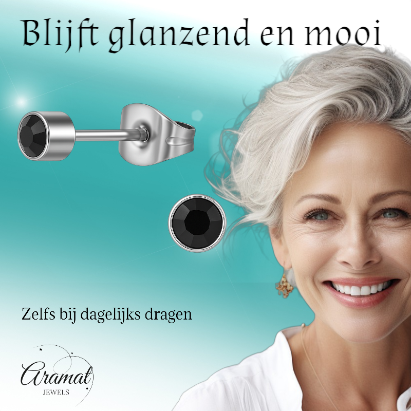 Boucles d'oreilles puces en cristal noir – 4 mm en acier inoxydable argenté