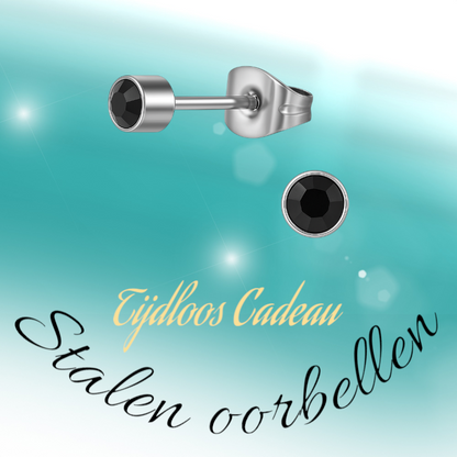 Boucles d'oreilles puces en cristal noir – 4 mm en acier inoxydable argenté