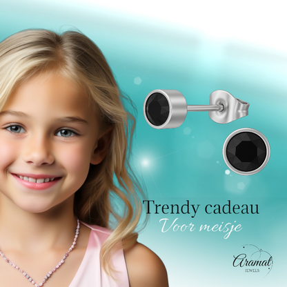 Boucles d'oreilles puces en cristal noir – 5 mm en acier inoxydable argenté