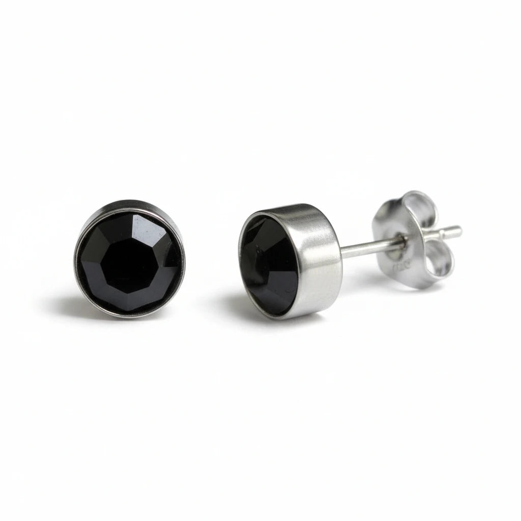 Boucles d'oreilles puces – Acier cristal noir argent (8 mm) 