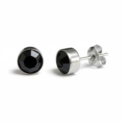 Boucles d'oreilles puces – Acier cristal noir argent (8 mm) 