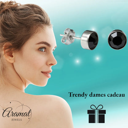 Boucles d'oreilles puces – Acier cristal noir argent (8 mm) 