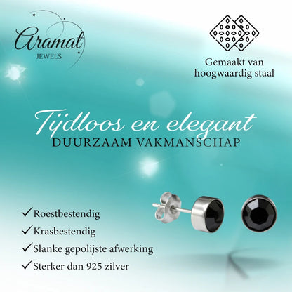 Boucles d'oreilles puces – Acier cristal noir argent (8 mm) 