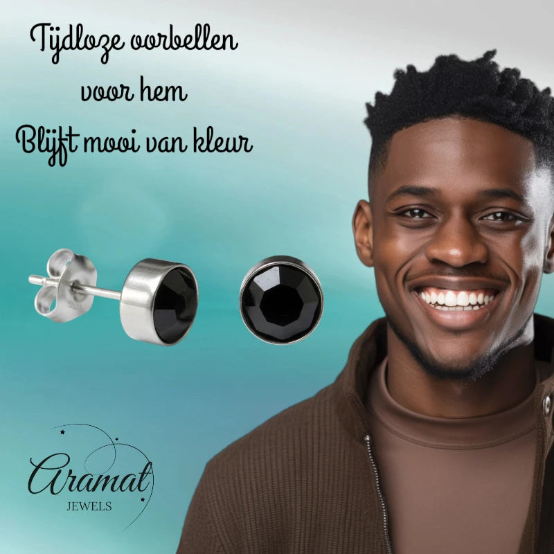 Boucles d'oreilles puces – Acier cristal noir argent (8 mm) 