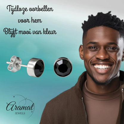 Boucles d'oreilles puces – Acier cristal noir argent (8 mm) 