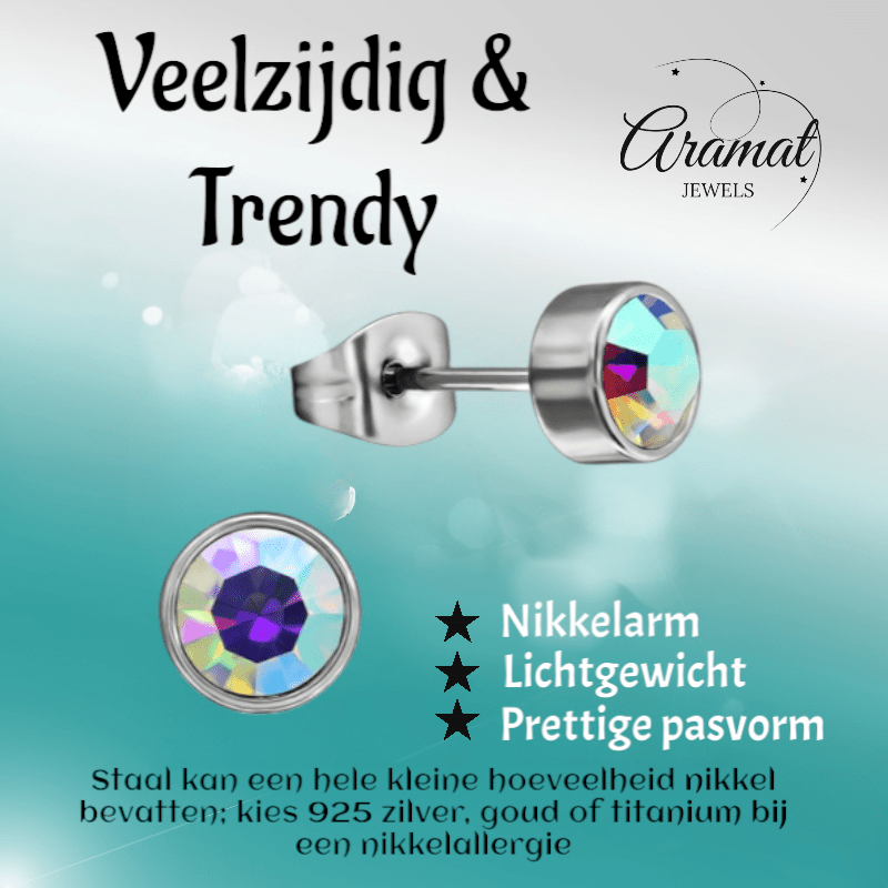 AB multikleur kristal oorstekers – 5mm zilver RVS - Aramat Jewels - Oorbellen - cadeautip