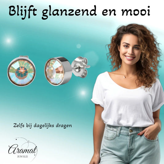 Boucles d'oreilles puces – Acier Cristal AB Couleur argent transparent (7 mm) 