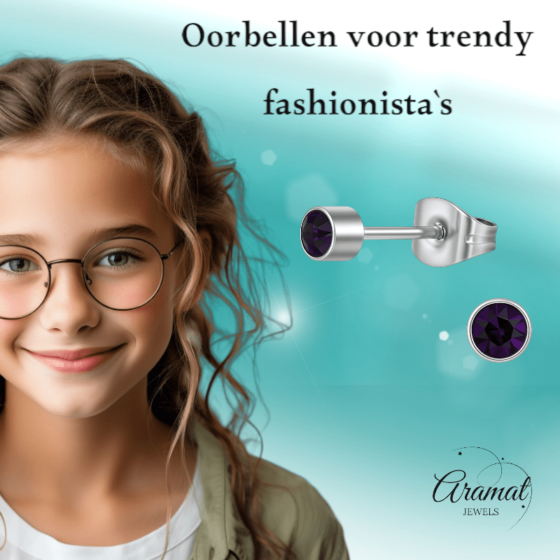 Amethist paarse kristal oorstekers – 4mm RVS - Aramat Jewels - Oorbellen - cadeautip