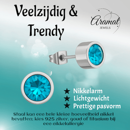 Aqua blauwe kristal oorstekers – 5mm zilver RVS - Aramat Jewels - Oorbellen - cadeautip