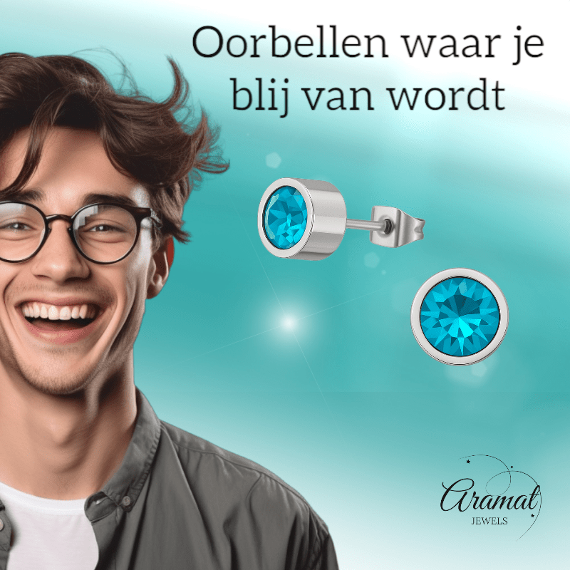 Aqua blauwe kristal oorstekers – 5mm zilver RVS - Aramat Jewels - Oorbellen - cadeautip