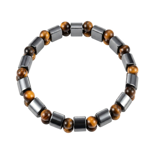 Aramat Jewels® verstelbare unisex armband met ronde tijgeroog en rechthoekige hematiet stenen.