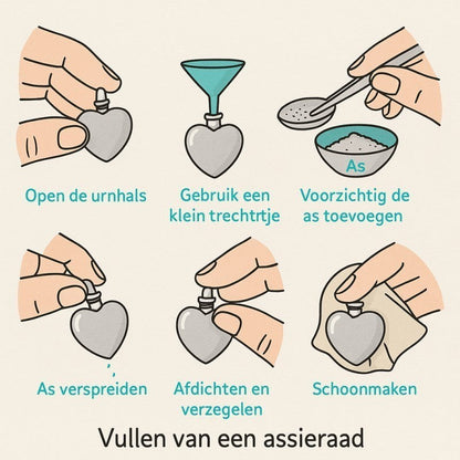 Aramat Jewels zilverkleurige vierkante ashanger met hartje, 26x19mm, RVS, instructies voor het vullen.