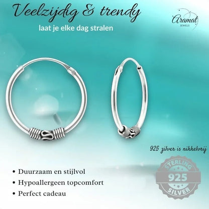 Aramat Jewels 18mm Bali oorringen van geoxideerd 925 sterling zilver met een boho festival design.