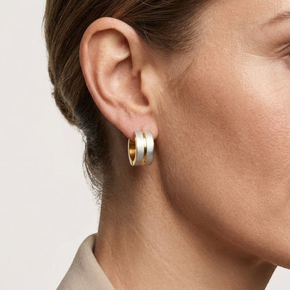 Aramat Jewels matte bicolor stainless steel hoop earrings, 13x7mm, featuring a gold-tone inner band and a matte silver-tone outer band.