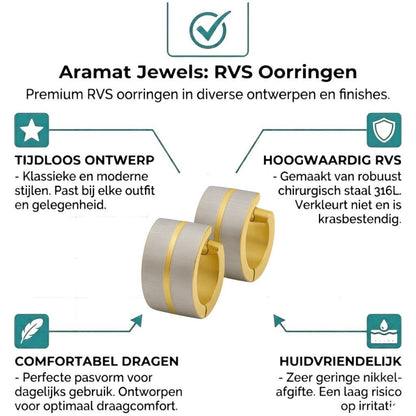 Aramat Jewels matte bicolor stainless steel hoop earrings, 13x7mm, with gold-tone accents and a brushed silver finish.