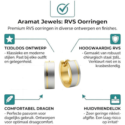 Aramat Jewels bicolor stainless steel hoop earrings with a matte silver finish and a gold stripe detail, 13mm.