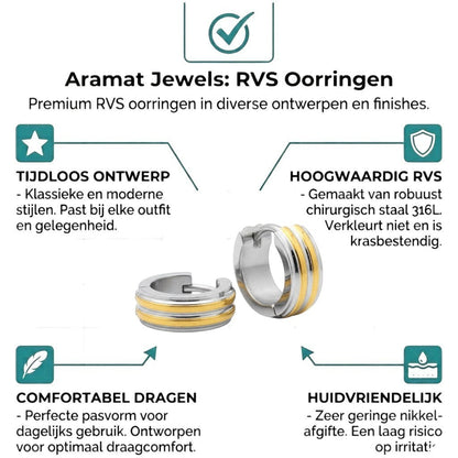 Aramat Jewels bicolor stainless steel hoop earrings for children, 10mm diameter, with gold stripes and a secure clasp.