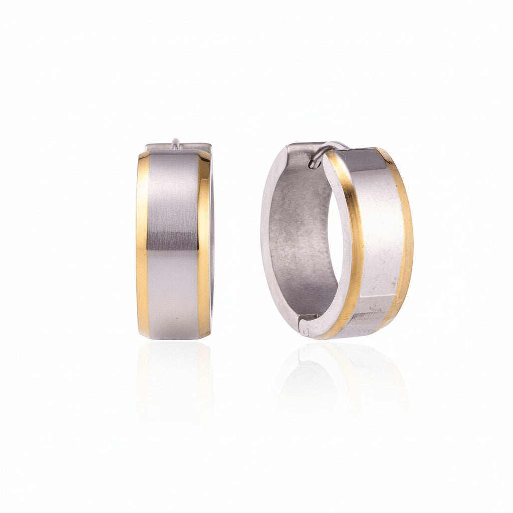 Aramat Jewels unisex 20mm stainless steel hoop earrings with a bicolor silver and gold stripe design.