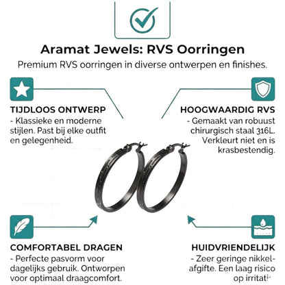 Aramat Jewels black stainless steel hoop earrings with Greek motif, 25mm diameter, high gloss finish.
