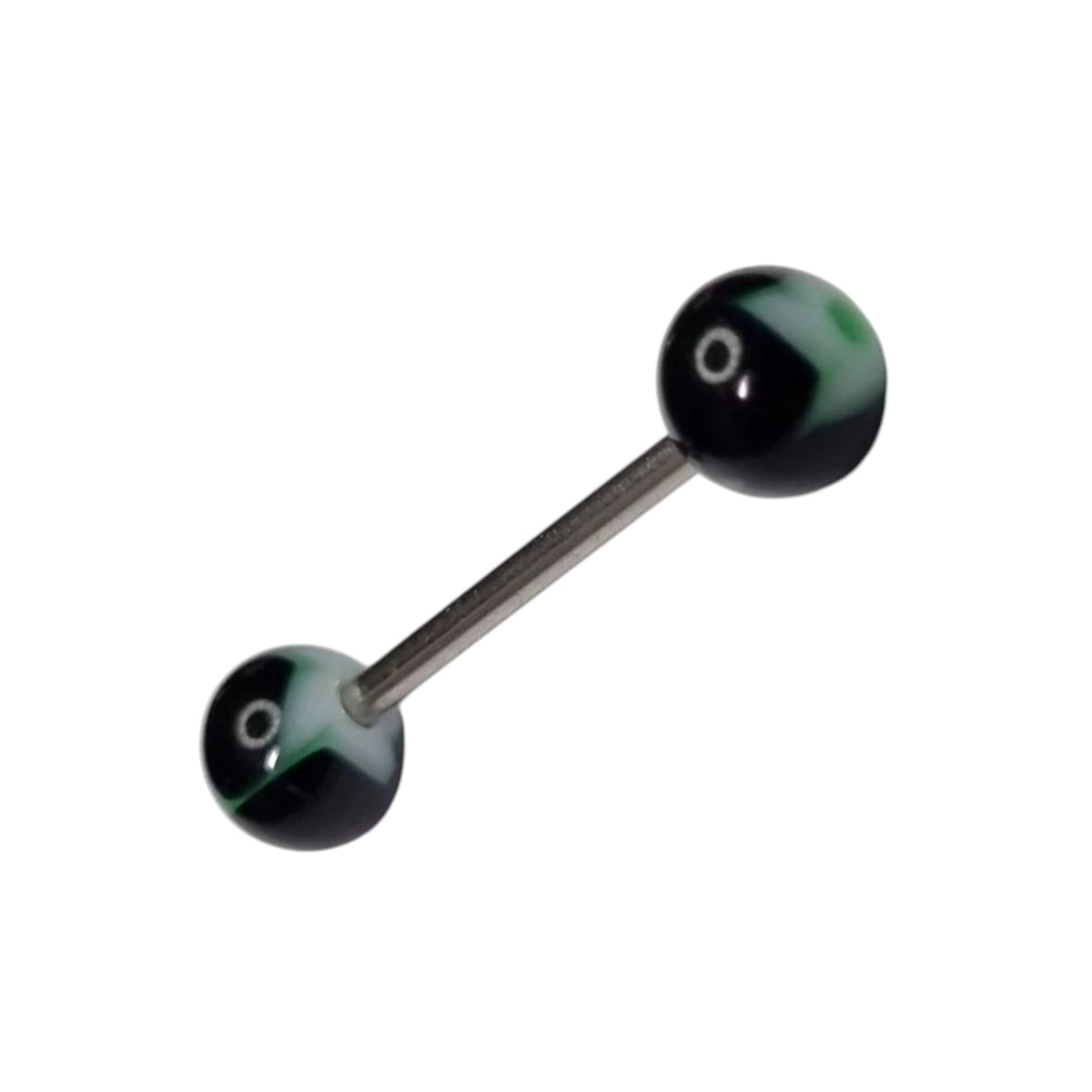 Aramat Jewels black and green marbled acrylic ball tongue piercing with a silver steel bar.