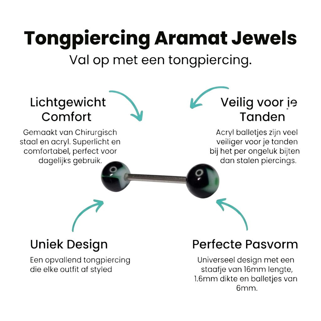 Aramat Jewels black and green marbled acrylic ball tongue piercing with a steel bar.