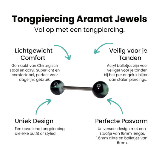 Aramat Jewels black and green marbled acrylic ball tongue piercing with a steel bar.