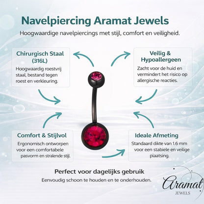 Aramat Jewels black surgical steel navel piercing with two pink cubic zirconia stones.