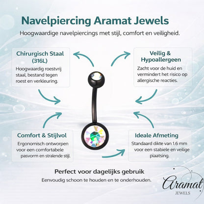 Aramat Jewels black surgical steel navel piercing with iridescent zirconia stones.