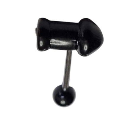 Aramat Jewels black acrylic penis-shaped tongue piercing with a silver steel bar and black ball end.