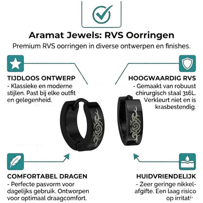 Aramat Jewels black stainless steel huggie hoop earrings with tribal design, 14mm diameter.