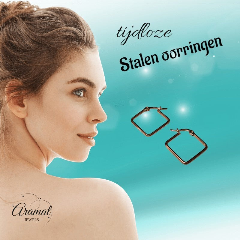 Aramat Jewels black square twisted stainless steel hoop earrings, 40mm diameter, high gloss finish.