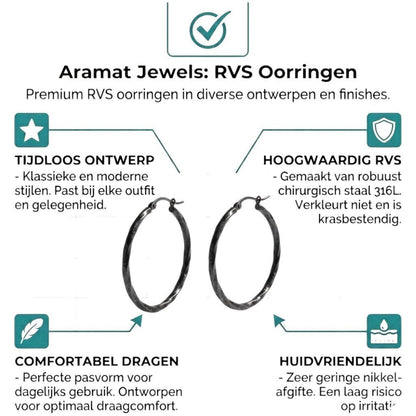 Aramat Jewels black twisted stainless steel hoop earrings, 40mm diameter, high gloss finish, suitable for statement wear.
