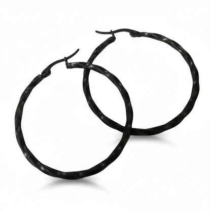 Aramat Jewels black twisted stainless steel hoop earrings, 40mm diameter, high gloss finish.
