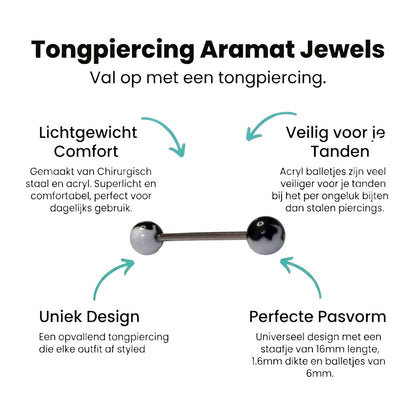 Aramat Jewels black and white acrylic flame tongue piercing with steel bar. Features 6mm balls and 16mm bar length.