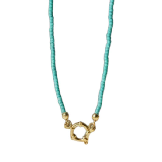 Aramat Jewels blue beaded necklace with gold clasp, made of stainless steel and Rocailles beads.