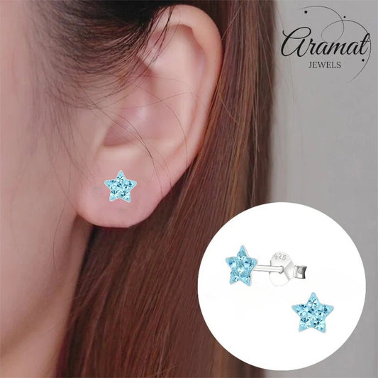 Aramat Jewels 925 sterling silver star stud earrings with blue crystals, 5mm