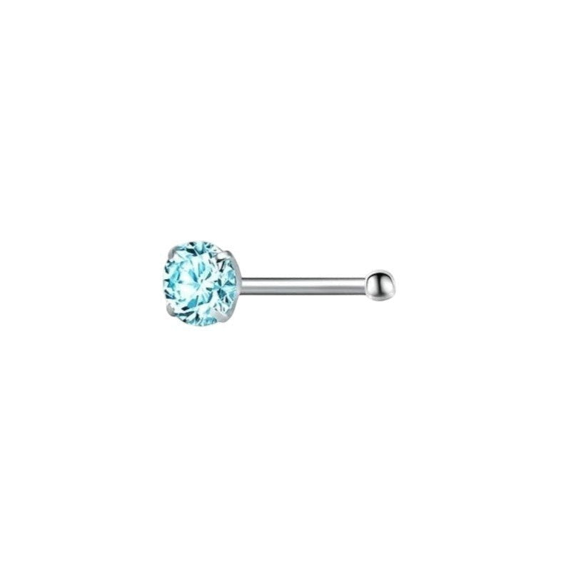 Aramat Jewels silver-tone nose stud with a round light blue cubic zirconia on a straight post.