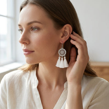 Aramat Jewels boho oorhangers met witte kwastjes en zilverkleurig metaal. Lange statement oorbellen.