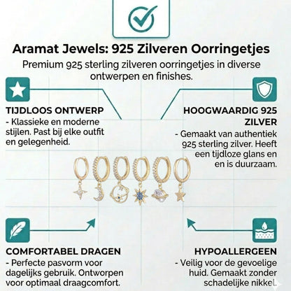 Aramat Jewels set of 6 gold-plated hoop earrings with celestial charms: star, moon, planet, and starburst designs, some with cubic zirconia.