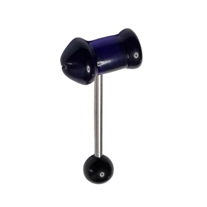 Aramat Jewels dark purple acrylic penis tongue piercing with a silver steel bar and black ball end.