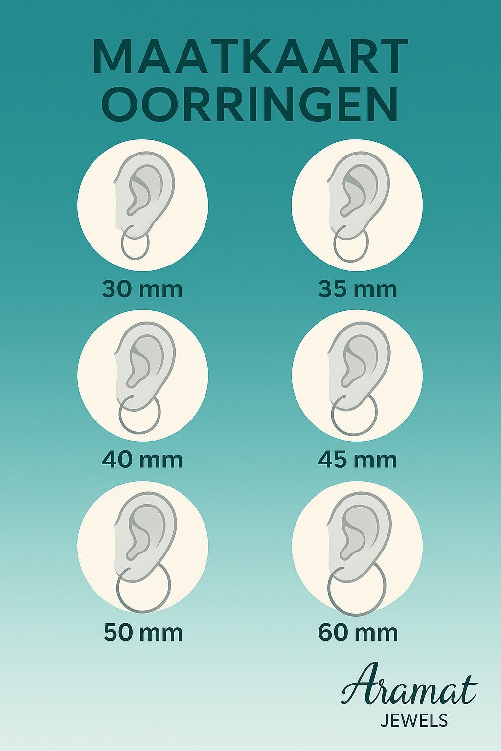 Aramat Jewels size chart for hoop earrings, showing different diameters from 30mm to 60mm.